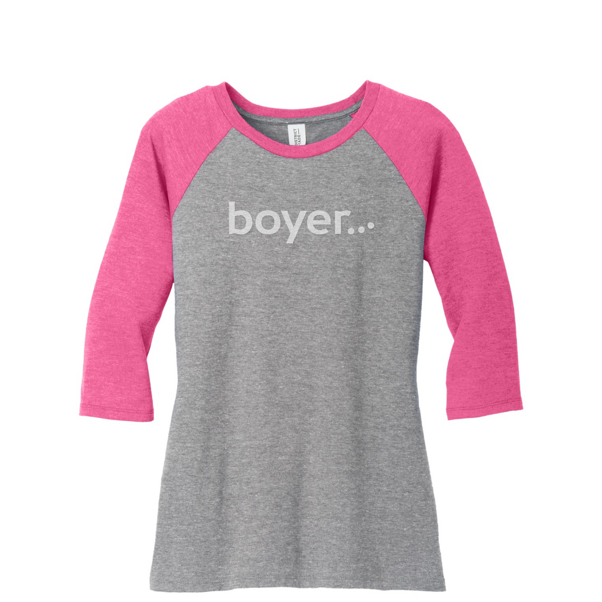 District Women's Perfect Tri 3/4-Sleeve Raglan — Fuchsia Frost/ Grey Frost