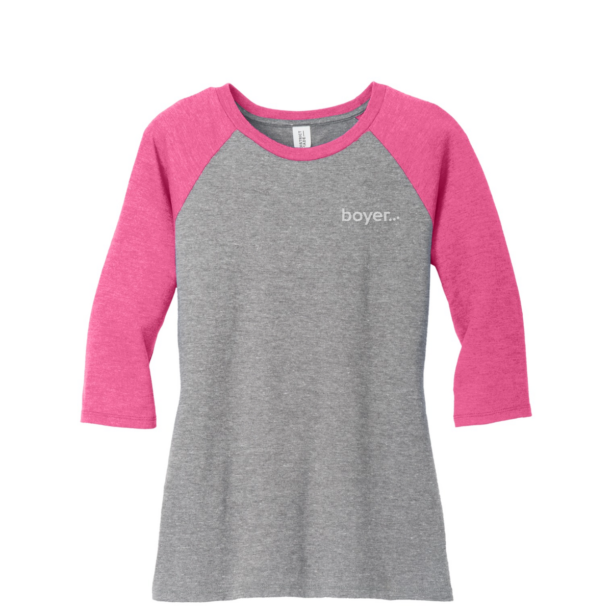 District Women's Perfect Tri 3/4-Sleeve Raglan — Fuchsia Frost/ Grey Frost